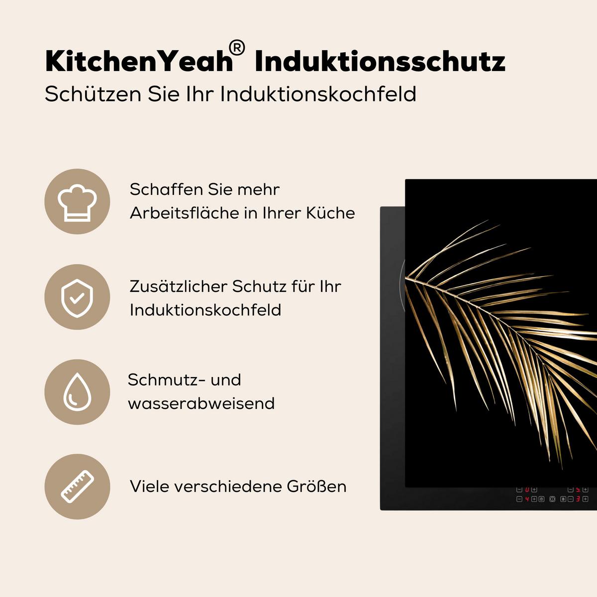 HERDABDECKPLATTE Blätter - Pflanzen - Gold - Schwarz - Luxus Herdabdeckung Induktionsfeld 70x52 cm - Goldfarben, Kunststoff (70/52/0.2cm) - MuchoWow