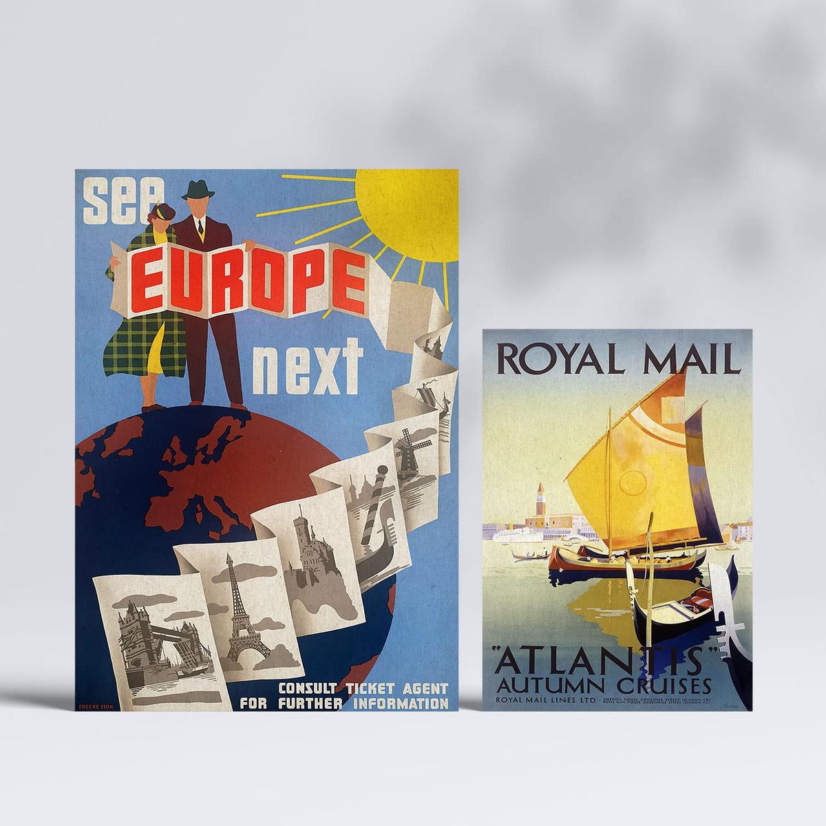 POSTER Set Mit 6 Europa Vollfarbige Illustrationen Von Vintage Tourismus Werbetafeln Aus Der Ganzen Welt Innenarchitektur A3 & A4 Rahmenlos - Klar, Papier (29/3cm) - Nacnic