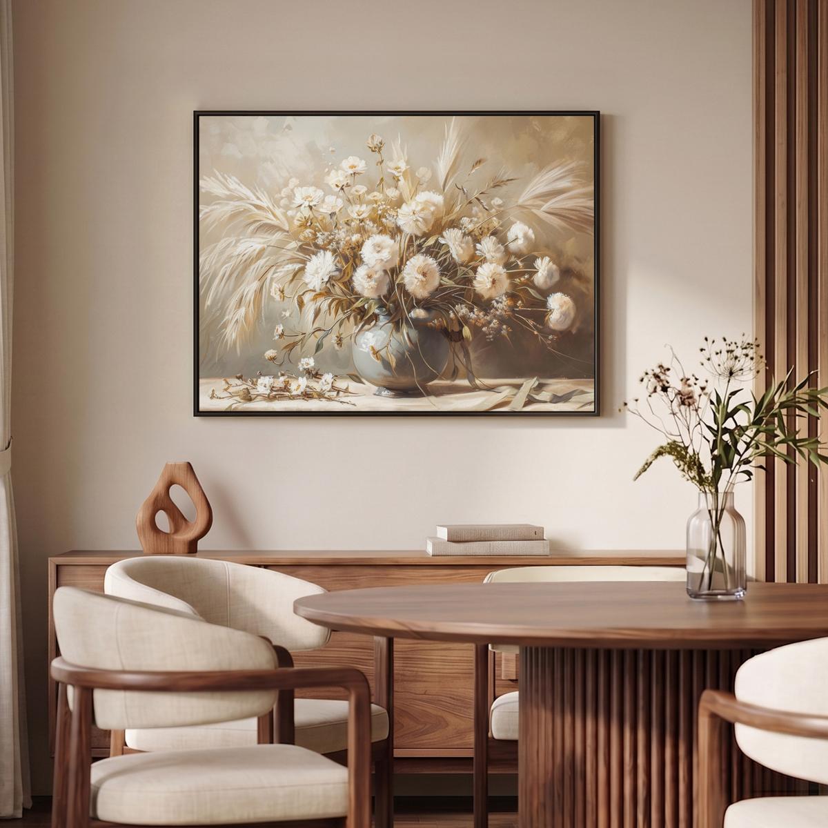 LEINWAND Bilder mit Rahmen - Blumen - Vase - Stilleben - Beige - 100x70 - Creme, Textil (100/70cm) - MuchoWow