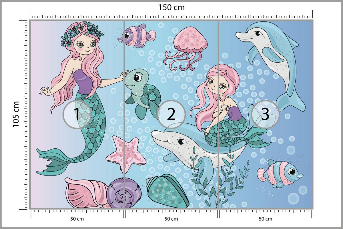 FOTOTAPETE für Kinderzimmer Meerjungfrauen Delfine Fische Muscheln Qualle Schildkröte 150x105 - Multicolor, Papier (150/105cm) - Muralo