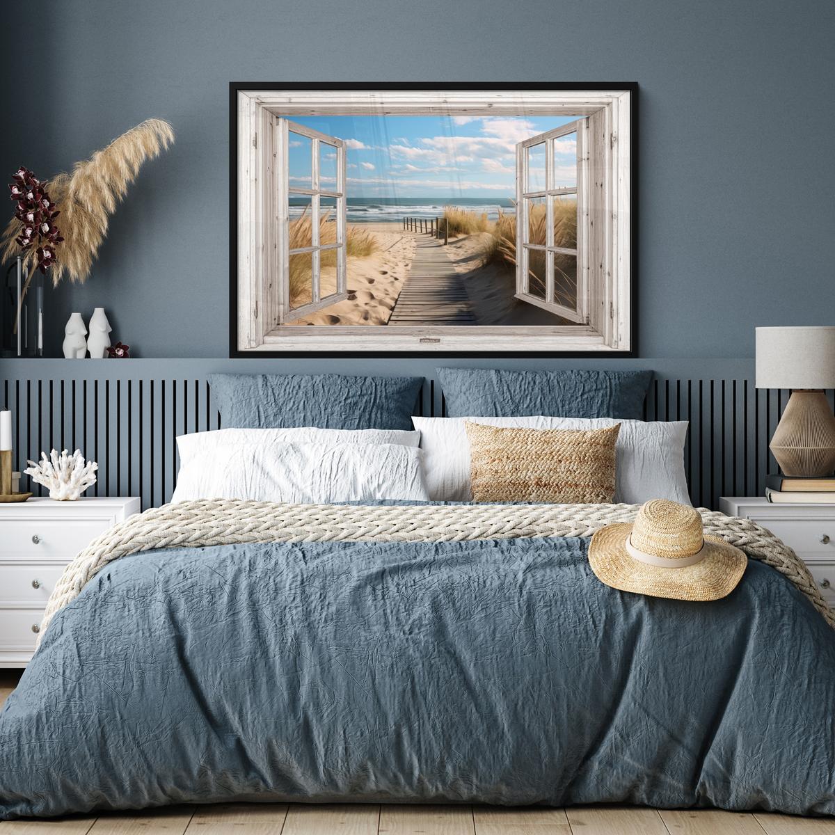 POSTER MIT RAHMENGERAHMTES BILD Fenster - Meer - Küste - Natur - Ausblick - Strand - Wattenmeer 120x80 cm - Beige, Papier (120/80cm) - MuchoWow