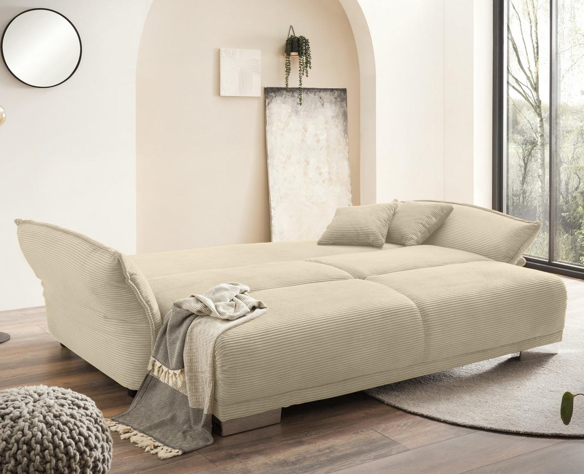 BIG-SOFA mit Schlaffunktion, Bettkasten, Federkern, Armlehnen verstellbar B242/T131/H90 cm, Liegefläche 168x199 cm, Cord Beige Grau / 17215 - Chromfarben/Greige, Kunststoff/Textil (242/90/131cm) - luma-home