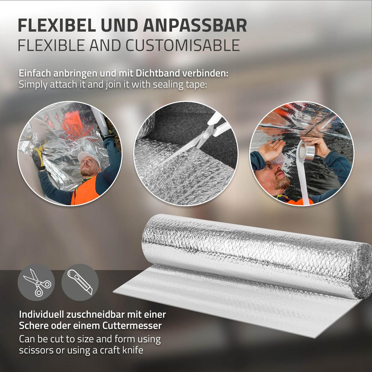 ISOLIERFOLIE 1 x 10 m für Wärmedämmung und Kälteschutz Doppelseitige Alu-Dämmfolie 6mm Dicke - Silberfarben, Kunststoff/Metall (100/0.6/1000cm) - ECD-Germany