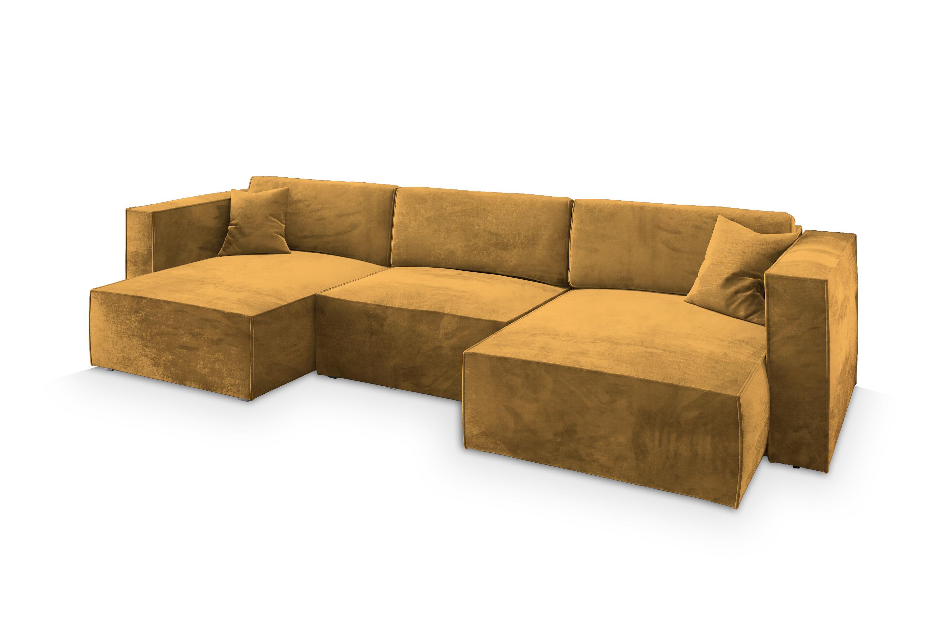 WOHNLANDSCHAFT SARMO M Gelb Velours-Stoff mit Schlaffunktion - Gelb/Grau, Holz/Kunststoff (347/70/148cm) - MASSENO