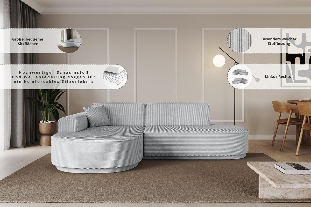 ECKSOFA Ottomane Links MARI-L1-v3 - 243x171x83 cm Beige Cord - Beige/Schwarz, Holzwerkstoff/Kunststoff (243/171cm) - ALTDECOR
