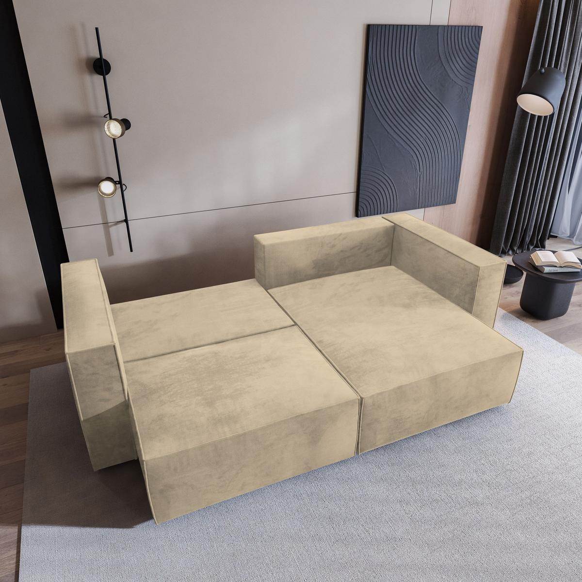 ECKSOFA NERIO M Creme Velours-Stoff mit Schlaffunktion - Creme/Grau, Holz/Kunststoff (245/148cm) - MASSENO