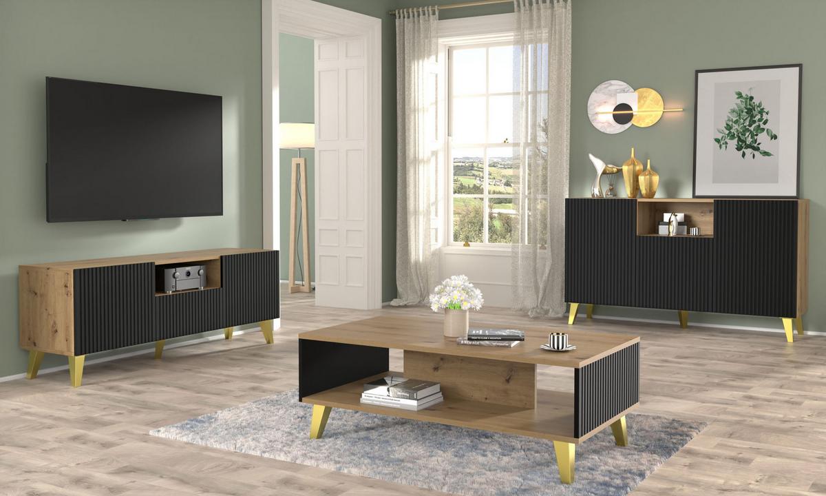 TV LOWBOARD Artisan, Schwarz, Gold 150/56/42 - Goldfarben/Schwarz, Holzwerkstoff (150/56/42cm) - RAUMHIRSCH FURNITURE