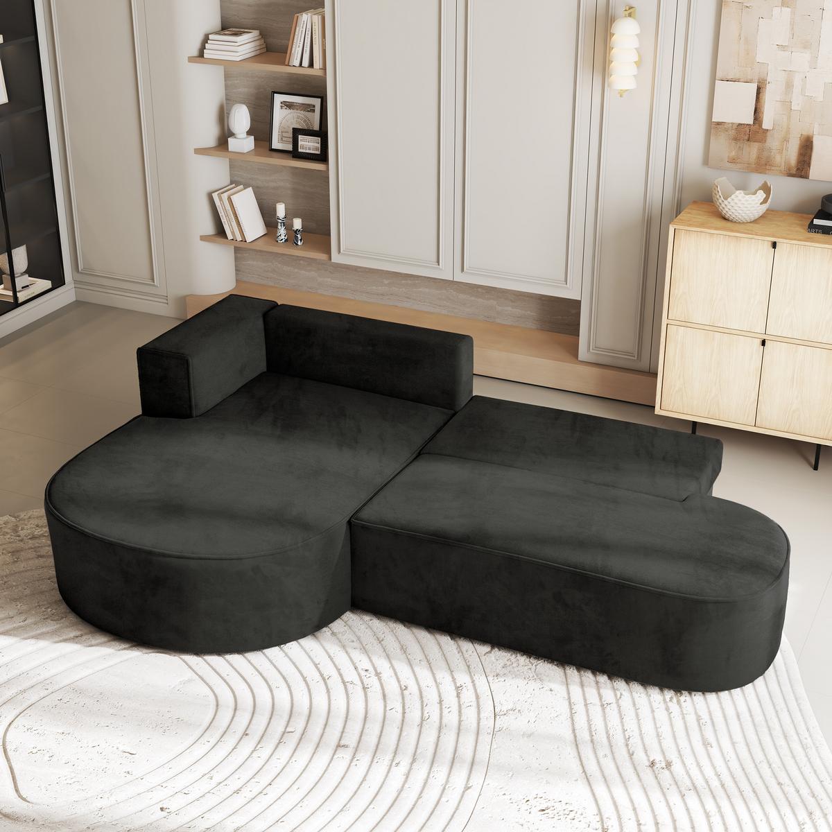 ECKSOFA CORTIO M L-S Schwarz Velours-Stoff mit Schlaffunktion - Schwarz/Grau, Holz/Kunststoff (265/174cm) - MASSENO