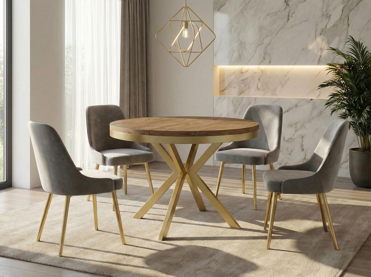 ESSTISCH Dina runder ausziehbarer, Lefkas Eiche 90-170/90/76 cm - Alteiche/Goldfarben, Holzwerkstoff/Metall (90/170/76cm) - WFL GROUP