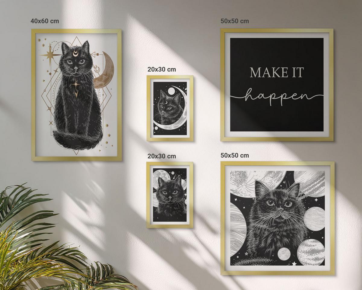 BILDER SET 5er Set - 50x50 cm & 20x30 cm & 40x60 cm Goldrahmen - Schwarze Katzen, Mond, Planet - Goldfarben, Kunststoff (40/60cm) - TULUP