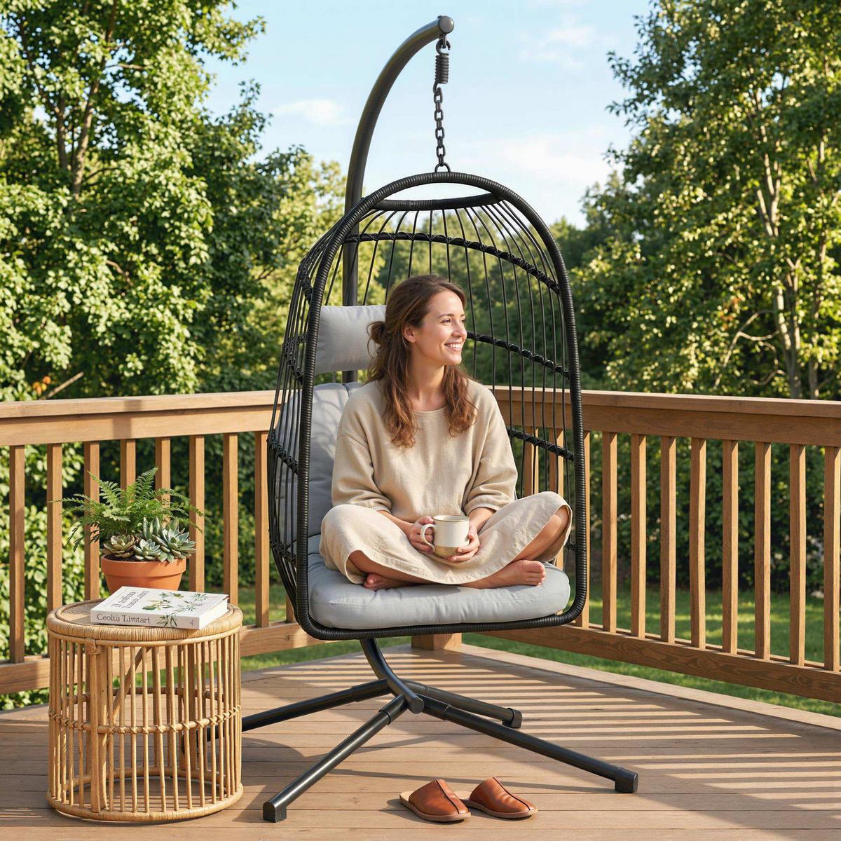 HÄNGESESSEL Metall PE-Rattan Hellgrau - Hellgrau/Schwarz, Textil/Metall (101/196/105cm) - Outsunny
