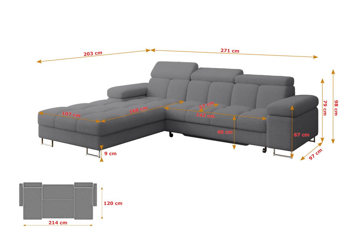 ECKSOFA mit Schlaffunktion Ottomane Links 271x203x79 Grau Bouclé - Chromfarben, Holzwerkstoff/Textil (271/203cm) - ALTDECOR