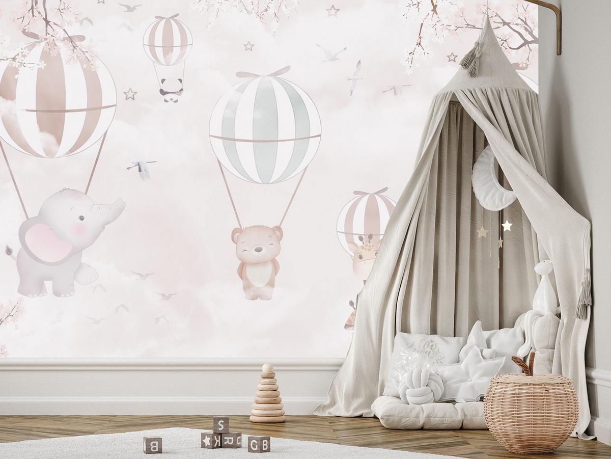 FOTOTAPETE für Kinderzimmer Tiere Himmel Elefant Giraffe Panda Vögel Ballons 500x350 - Multicolor, Papier (500/350cm) - Muralo