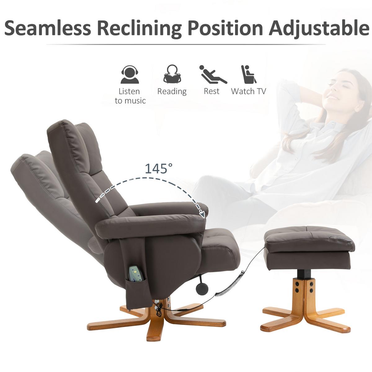 RELAXSESSEL mit Liegefunktion Massagesessel mit Fußhocker Polyester Braun - Braun/Mokka, Leder/Holz (86/99/80cm) - HOMCOM