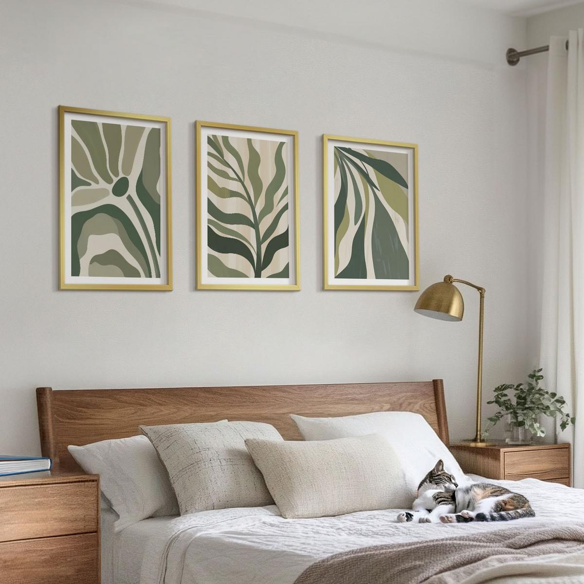 BILDER SET 3er Set - 40x60 cm Goldrahmen - Illustrationen gemalter grüner Blätter - Goldfarben, Kunststoff (40/60cm) - TULUP