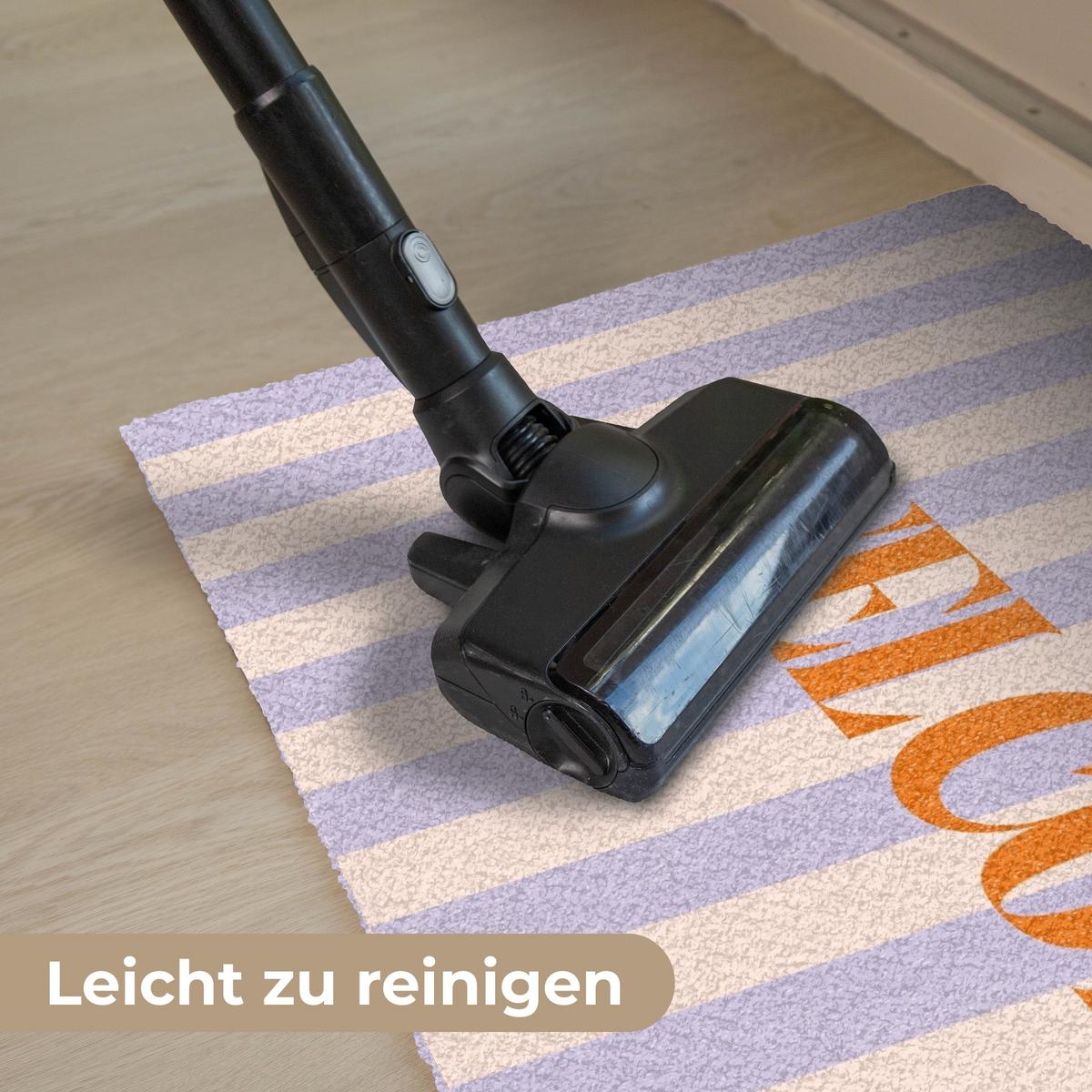 FUSSMATTE Lila – Orange – Streifen – Willkommen 90x60 cm - Flieder, Kunststoff (90/0.4cm) - MuchoWow