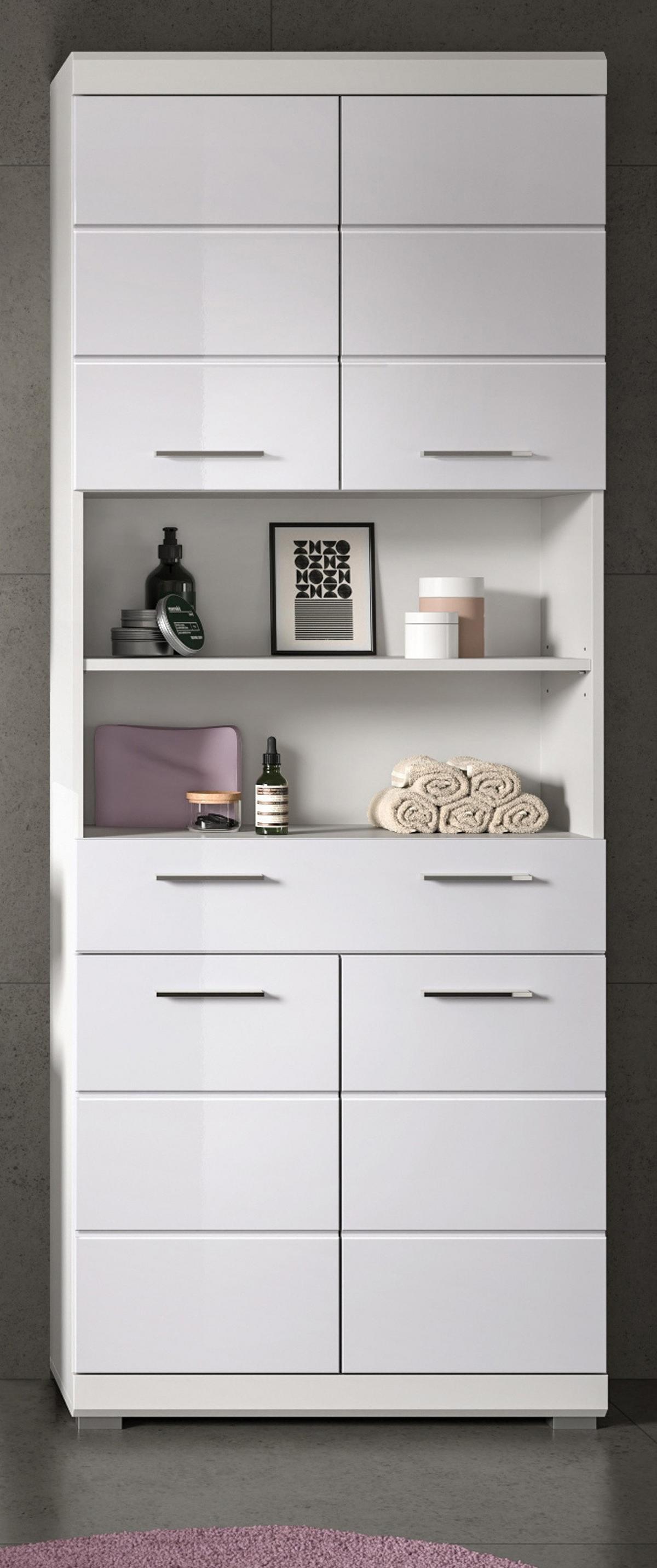 HOCHSCHRANK weiß Hochglanz 74 x 191 cm, Badschrank mit viel Stauraum - Weiß Hochglanz/Silberfarben, Holzwerkstoff/Kunststoff (74/191/31cm) - Inn.Furn