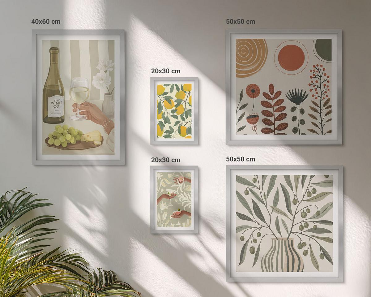 BILDER SET 5er Set - 50x50 cm & 20x30 cm & 40x60 cm Silberner Rahmen - Blumenmuster in Orange und Grün - Silberfarben, Kunststoff (40/60cm) - TULUP