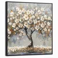 LEINWAND Bilder mit Rahmen - Baum - Blumen - Weiß - Natur - Kunst - 90x90 - Weiß, Textil (90/90cm) - MuchoWow