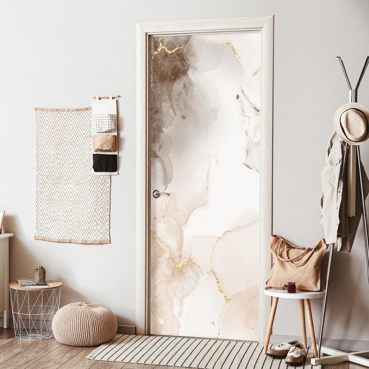 TÜRAUFKLEBER Marmor - Braun - Linie 90x235 cm - Türtapete - Champagner, Kunststoff (90/0.1cm) - MuchoWow