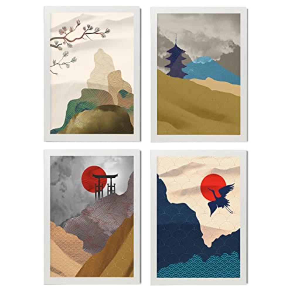 POSTER Set mit 4 Japanische Harmonie Ästhetische A4 Weißer Rahmen - Weiß, Papier (29.7/3cm) - Nacnic