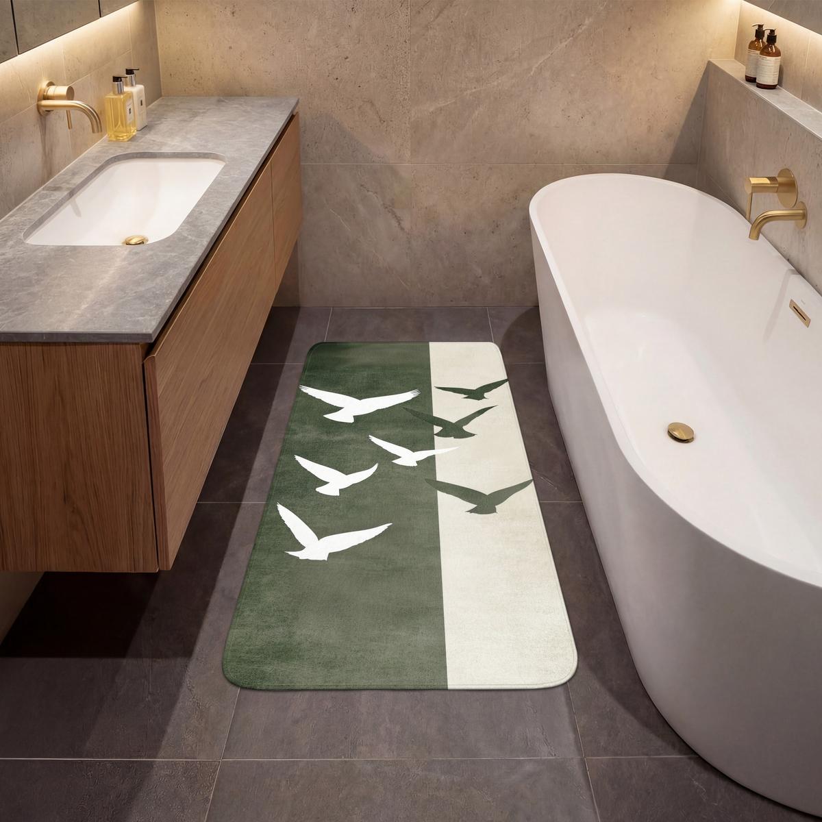 BADEMATTE Japandi - Vogel - Grün 60x120 cm - Olivgrün, Textil (60/120cm) - OnlyWow