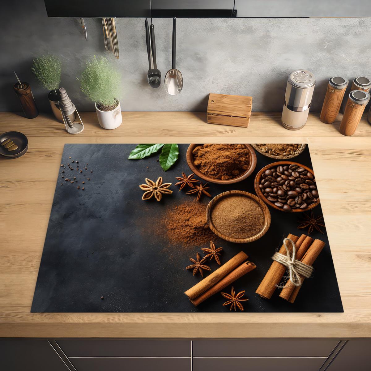 HERDABDECKPLATTE Zimt - Beton - Kaffee - Zimtstangen - Gewürze Induktionsmatte 77x59 cm - Mokka, Kunststoff (77/59/0.2cm) - MuchoWow