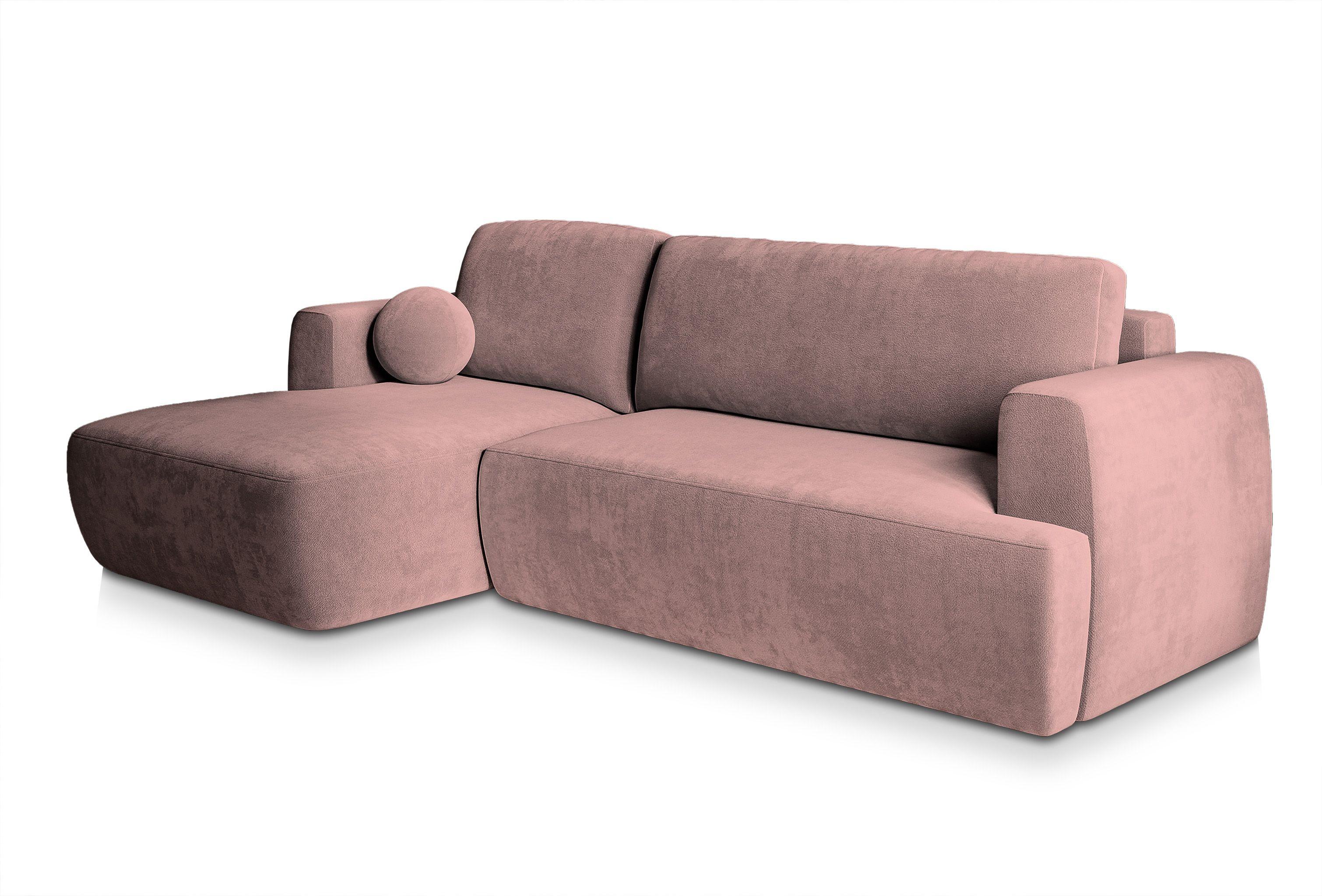 ECKSOFA SENTI K L-S Rosa Plüsch-Stoff mit Schlaffunktion - Schwarz/Rosa, Holz/Kunststoff (246/148cm) - MASSENO