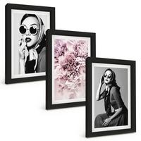 BILDER SET 3er Set - 20x30 cm Schwarzer Rahmen - Stilvolle Porträts von Frauen mit Blumen - Schwarz, Kunststoff (20/30cm) - TULUP
