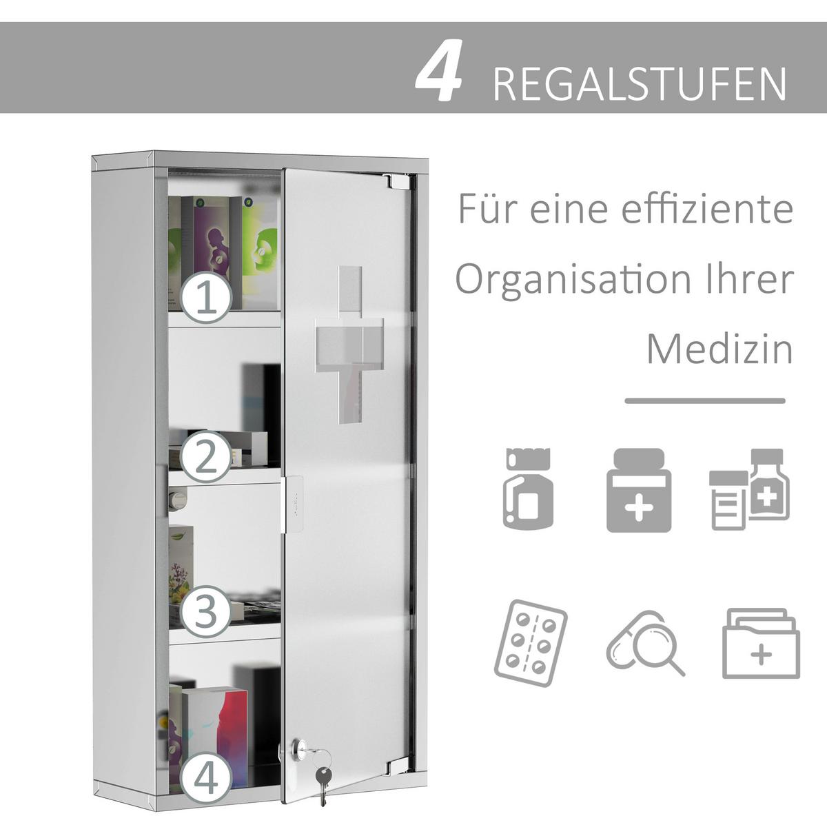MEDIZINSCHRANK Arzneischrank Erste Hilfe mit Schloss Edelstahl 30 x 12 x 60 cm - Silberfarben, Glas (12/60/30cm) - HOMCOM