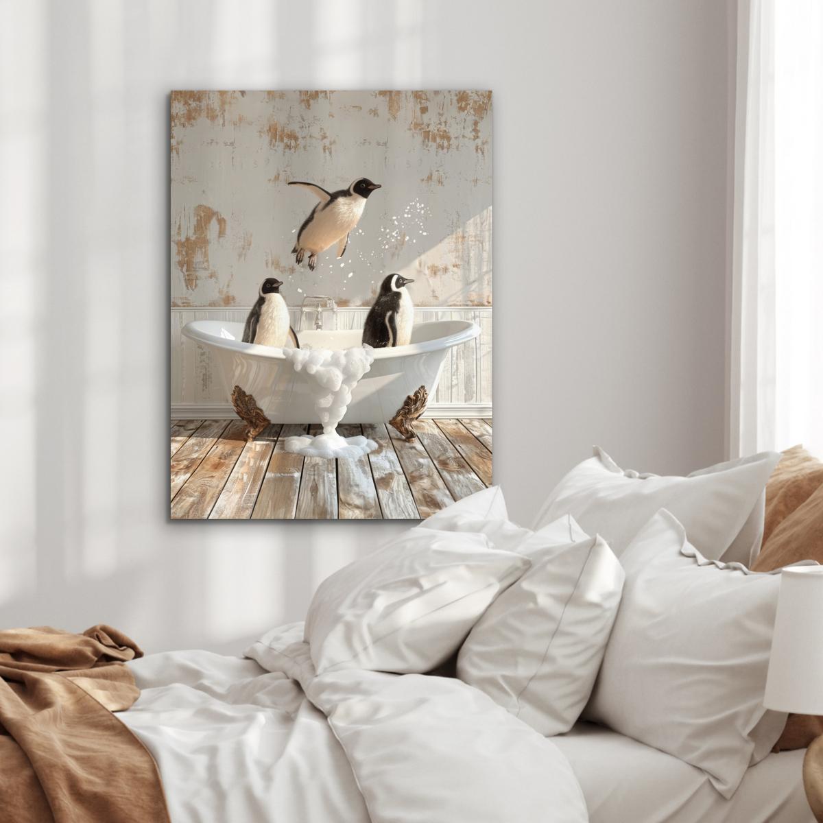 METALLBILD Vintage - Pinguin - Badewanne - Schaumstoff 60x80 cm - Schwarz, Metall (60/80cm) - MuchoWow