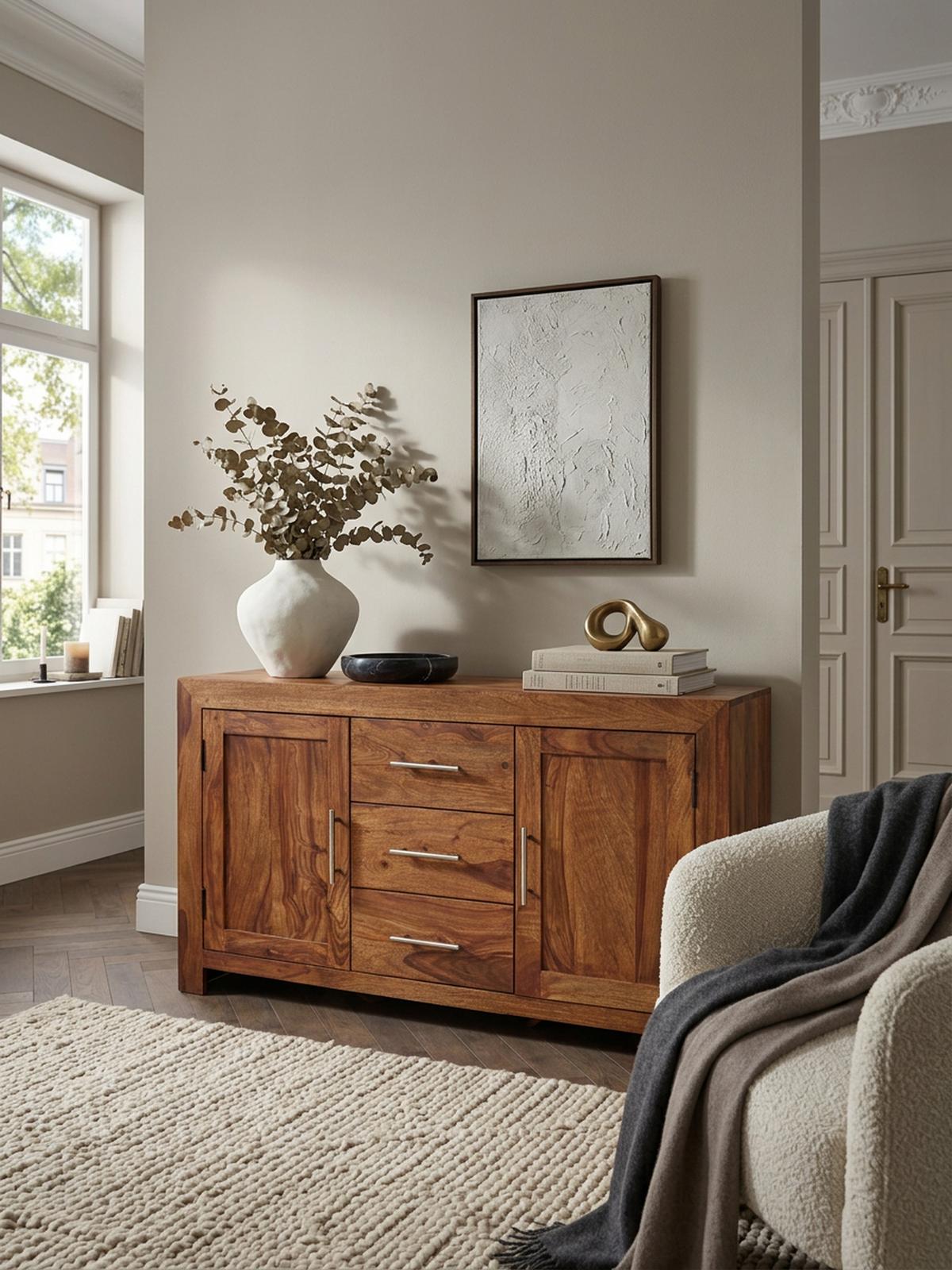 SIDEBOARD – Massivholz, 3 Schubladen, 2 Türen, Landhausstil - Braun, Holz (118/70/40cm) - KADIMA DESIGN