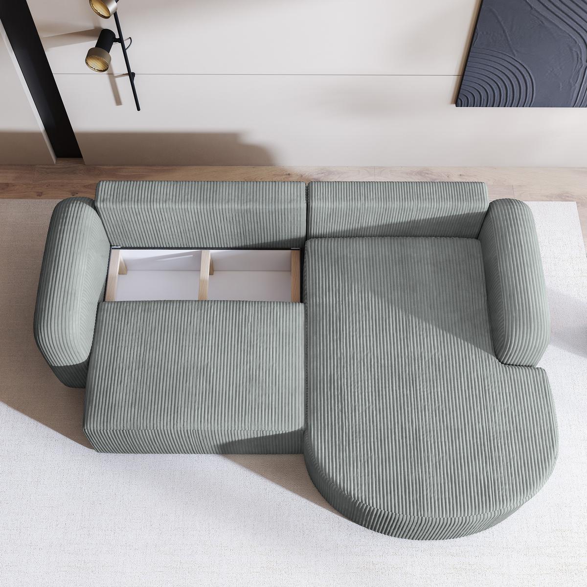 ECKSOFA AMILIA P R-S Hellgrau Kordstoff mit Schlaffunktion - Hellgrau, Holz (263/174cm) - MASSENO