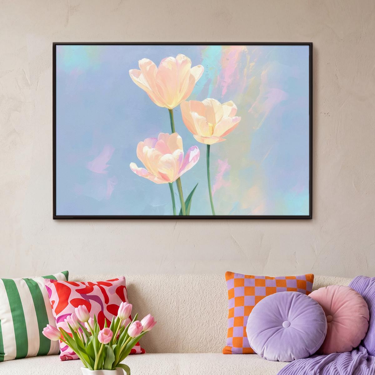 LEINWAND Bilder mit Rahmen - Tulpen - Rosa Akzente - Blau - 90x60 - Pastellblau, Textil (90/60cm) - MuchoWow
