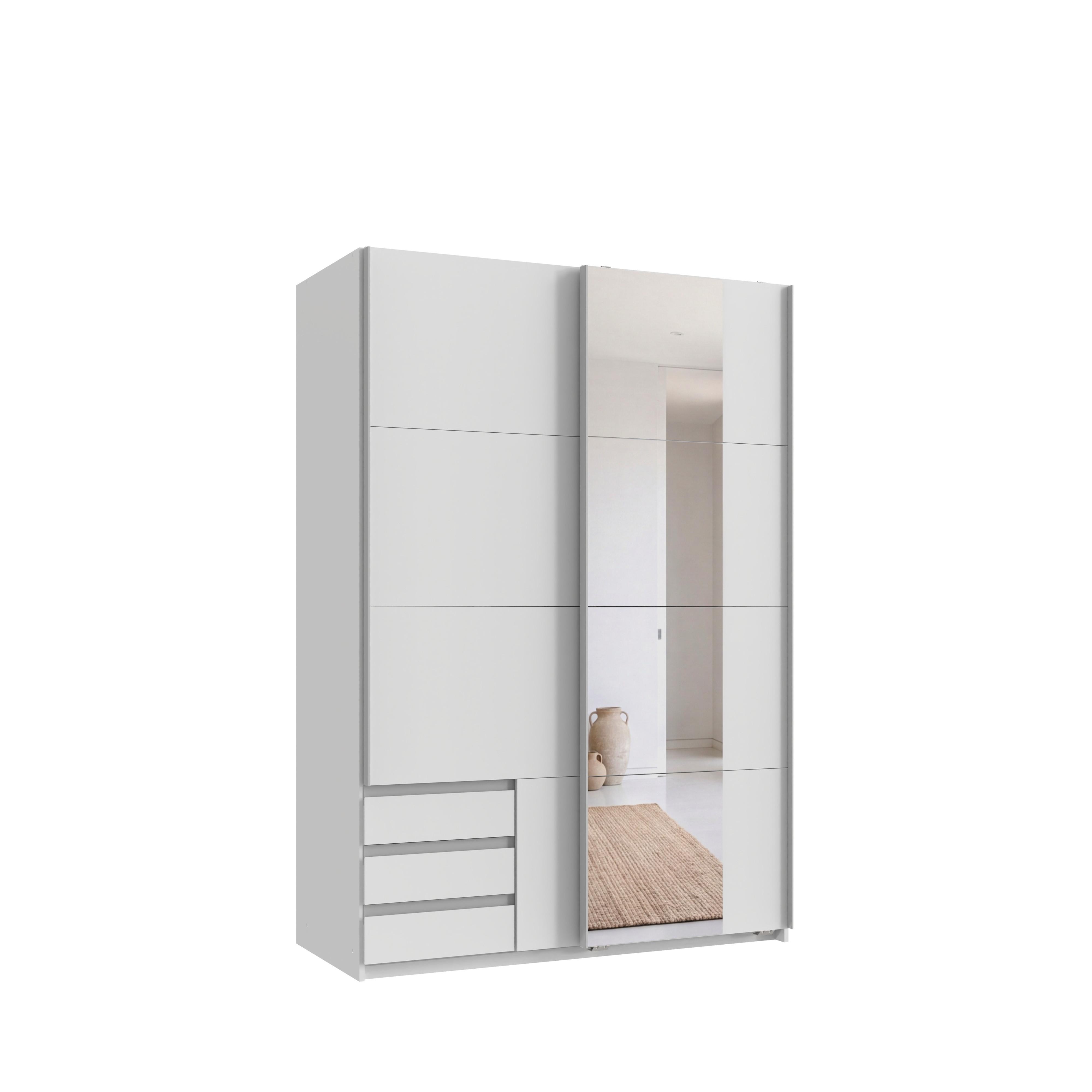 SCHWEBETÜRENSCHRANK 2-türig B135/H198/T65 cm, Kleiderschrank in Weiß mit sichtbaren Schubkästen & Spiegel / 22674 - Alufarben/Weiß, Holz/Holzwerkstoff (135/198/65cm) - luma-home