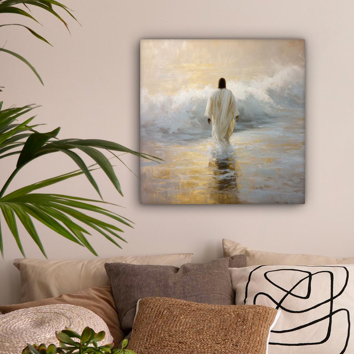 LEINWANDBILD Gemälde - Welle - Jesus - Abstrakt Wandbild Wohnzimmer 50x50 cm - Goldfarben, Textil (50/50cm) - MuchoWow