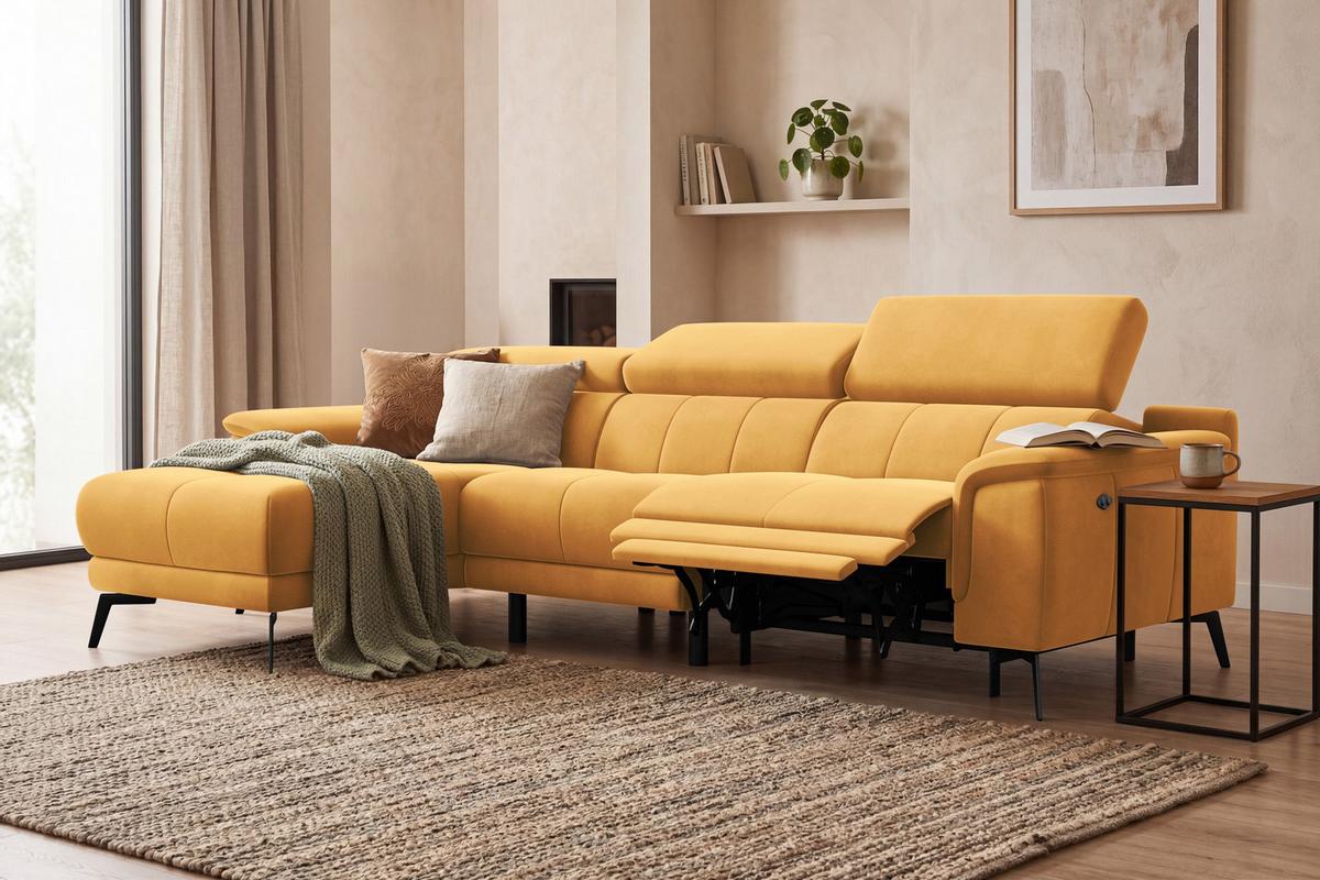 ECKSOFA FIERO 4-Sitzer LINKS, Gelber Veloursstoff - Gelb/Schwarz, Holz/Textil (288/170cm) - Courtois Laville