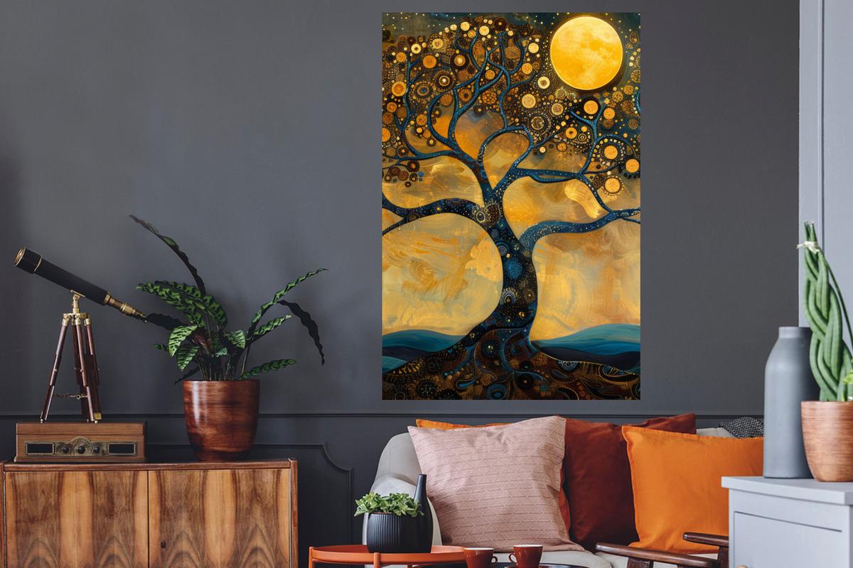WANDTATTOO Baum - Mond - Blumen - Gold - Kunst Wandaufkleber 80x120 cm - Orange, Kunststoff (80/120/0.1cm) - MuchoWow
