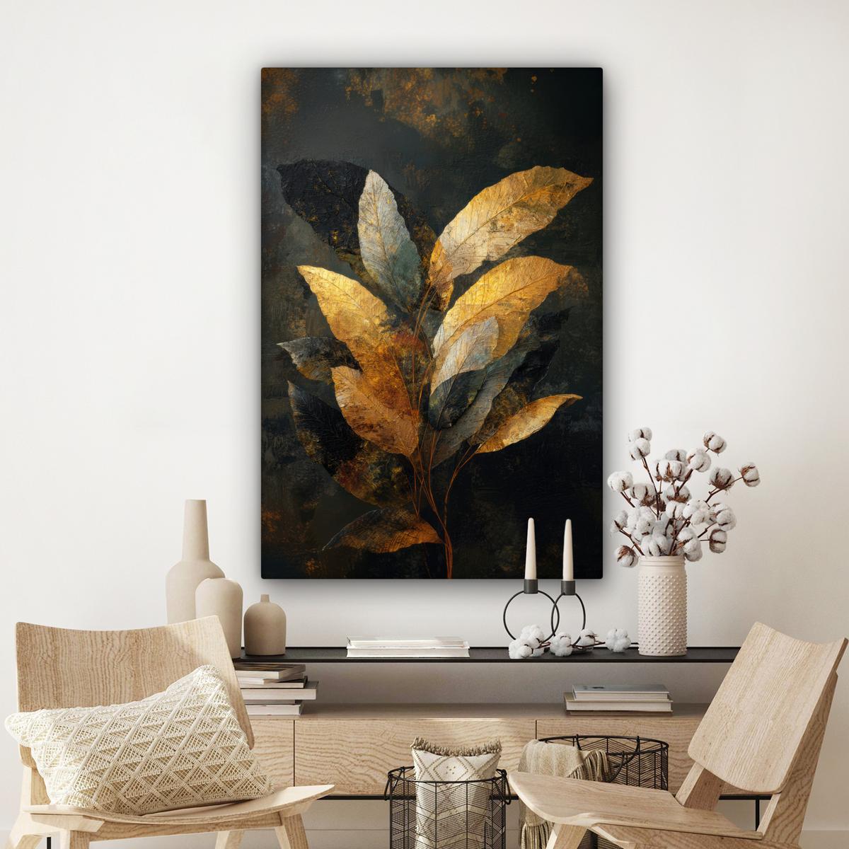 LEINWANDBILD Golden Leaf Komposition - Botanical Luxury Deko Groß 90x140 cm - Goldfarben/Schwarz, Textil (90/140cm) - MuchoWow