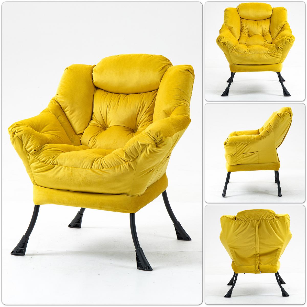 SESSEL aus samt und metall, mit kopfstütze und seitentasche - Gelb, Metall (75/85/80cm) - Urban Meuble