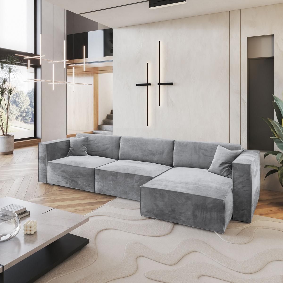 ECKSOFA TOLMO M Hellgrau Velours-Stoff mit Schlaffunktion - Hellgrau/Grau, Holz/Kunststoff (347/148cm) - MASSENO