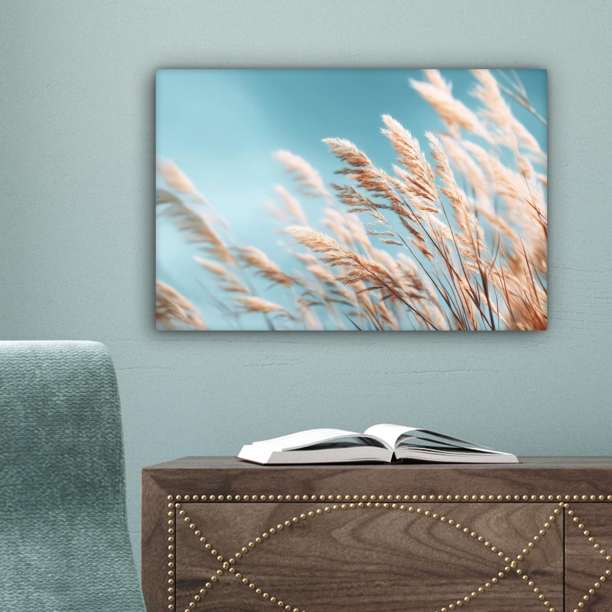 LEINWANDBILD Ziergras - Wind - Hellbraun Deko Schlafzimmer 30x20 cm - Hellblau, Textil (30/20cm) - MuchoWow