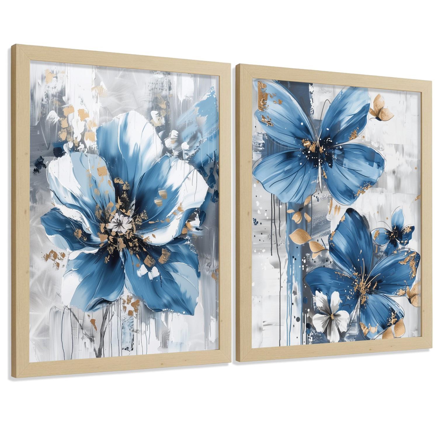 POSTER 2er-Set Wandbilder Blumen Blau Braun modern Wohnzimmer Deko, Schlafzimmer, Küche, Badezimmer Rahmenlos A4 - Klar, Papier (29.7/1/21cm) - Nacnic