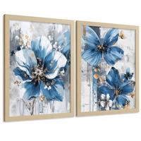 POSTER 2er-Set Wandbilder Blumen Blau Braun modern Wohnzimmer Deko, Schlafzimmer, Küche, Badezimmer Rahmenlos A4 - Klar, Papier (29.7/1/21cm) - Nacnic