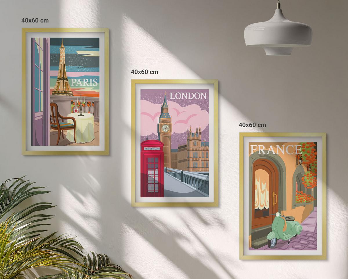 BILDER SET 3er Set - 40x60 cm Goldrahmen - Ansichten Paris London Retro - Goldfarben, Kunststoff (40/60cm) - TULUP