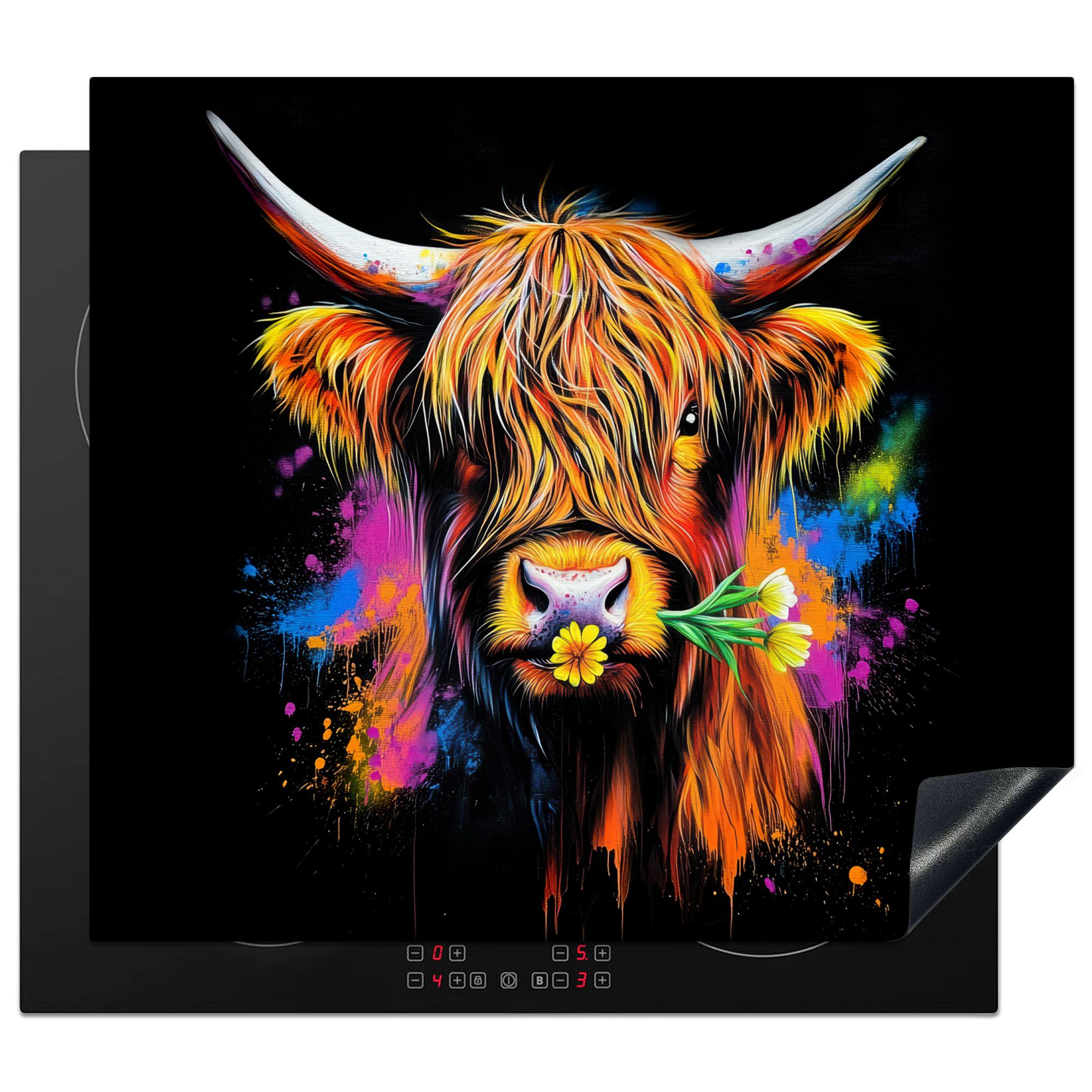 HERDABDECKPLATTE Schottischer Highlander - Graffiti - Bunt - Blume - Tiere Abdeckung Ceranfeld 57.6x51.6 cm - Multicolor, Kunststoff (57.6/51.6/0.2cm) - MuchoWow