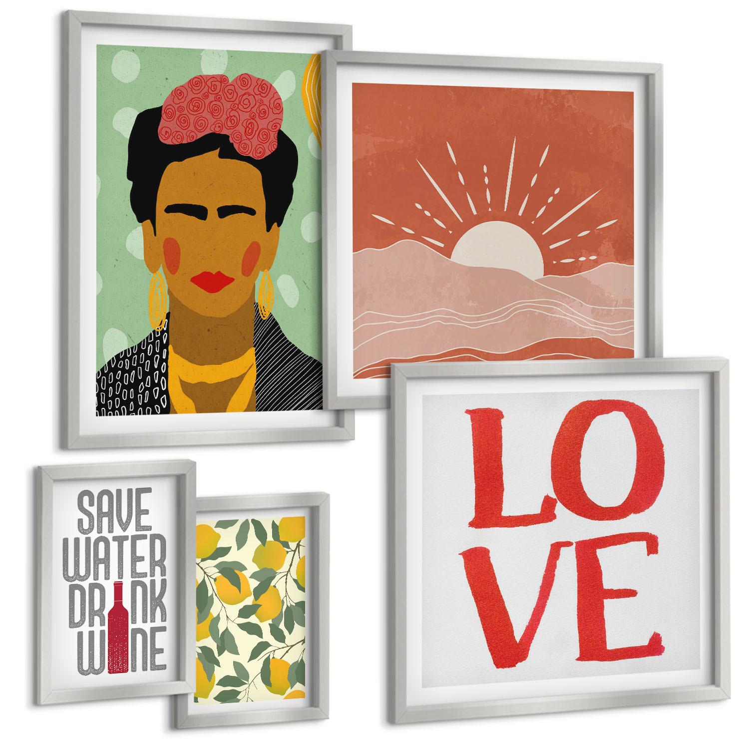 BILDER SET 5er Set - 50x50 cm & 20x30 cm & 40x60 cm Silberner Rahmen - Zitronen Inschrift Liebeslandschaft Frida - Silberfarben, Kunststoff (40/60cm) - TULUP