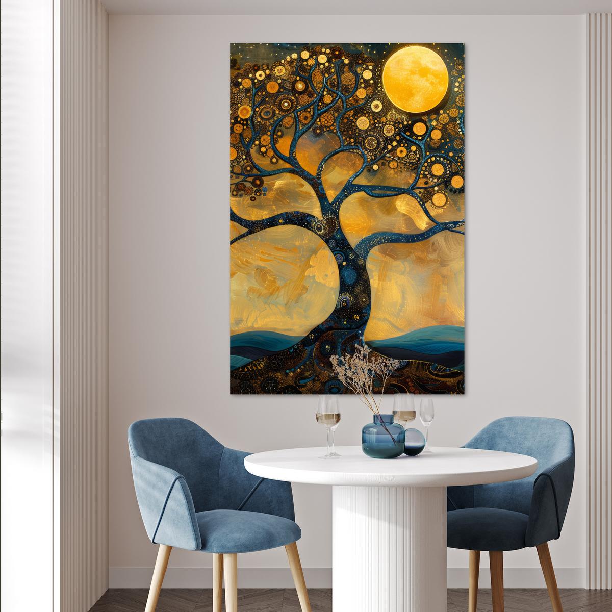 POSTER Baum - Mond - Blumen - Gold - Kunst Wandbild Schlafzimmer 80x120 cm - Orange, Papier (80/120/0.1cm) - MuchoWow