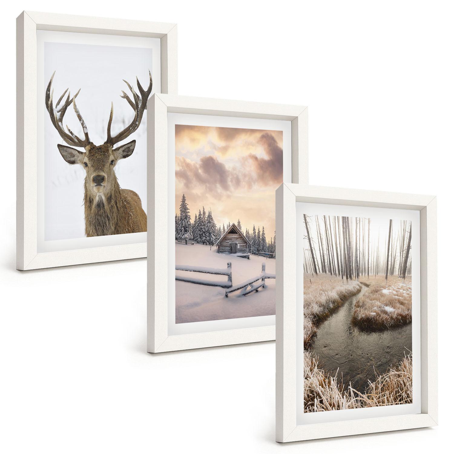 BILDER SET 3er Set - 20x30 cm Weißer Rahmen - Hirschhütte in Winterlandschaft - Weiß, Kunststoff (20/30cm) - TULUP