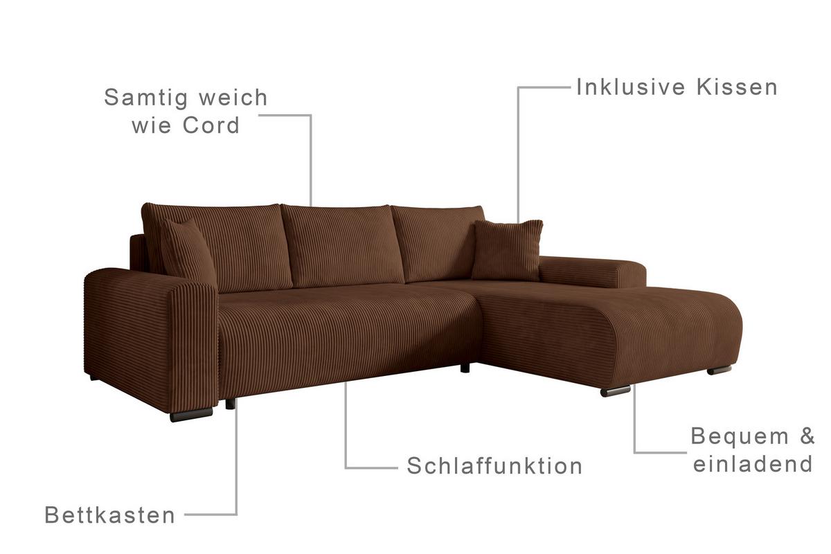 ECKSOFA Nelly mit Bettkasten und Schlaffunktion, Cordstoff in L-Form - Braun, Textil (270/185cm)